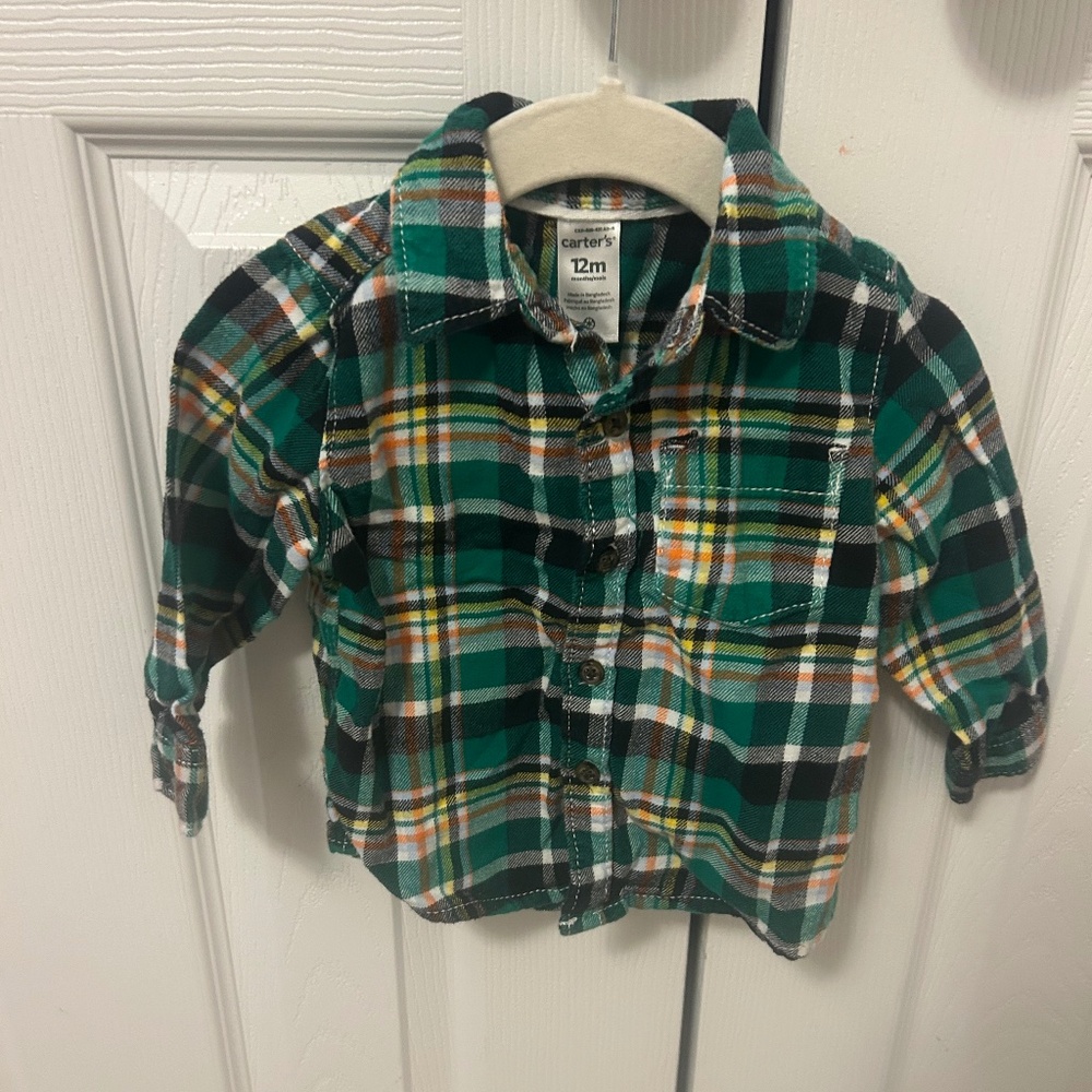 Carter’s green multicolor  baby boys flannel button up shirt size 12 months